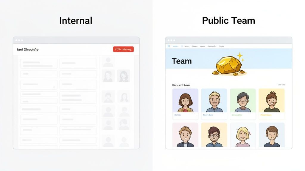 A comparison of an incomplete internal employee directory and a complete public team page.