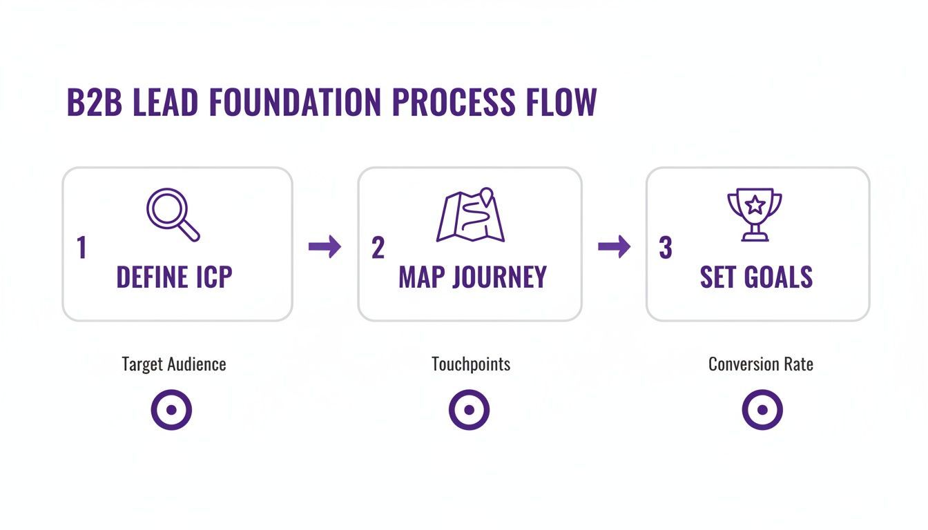 A B2B lead foundation process flow with three steps: Define ICP, Map Journey, and Set Goals.