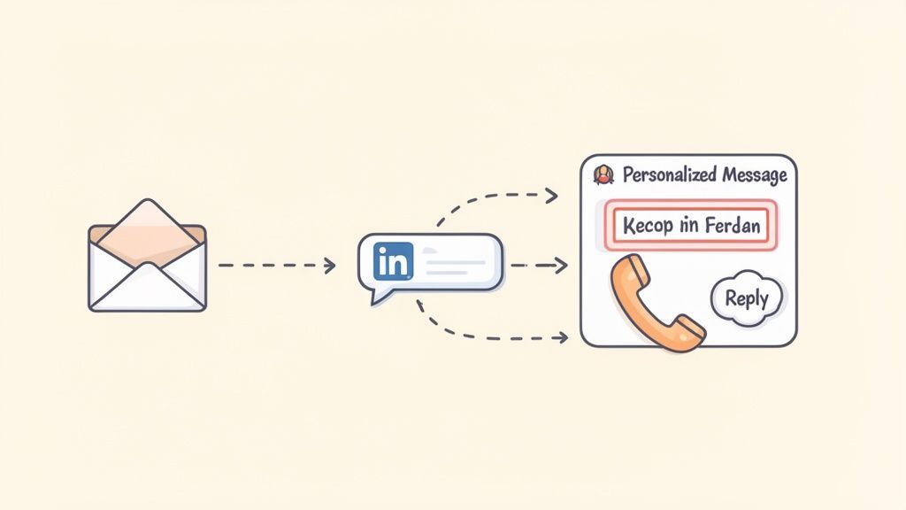 An email icon flows to a LinkedIn message, then to a personalized call message with reply option.