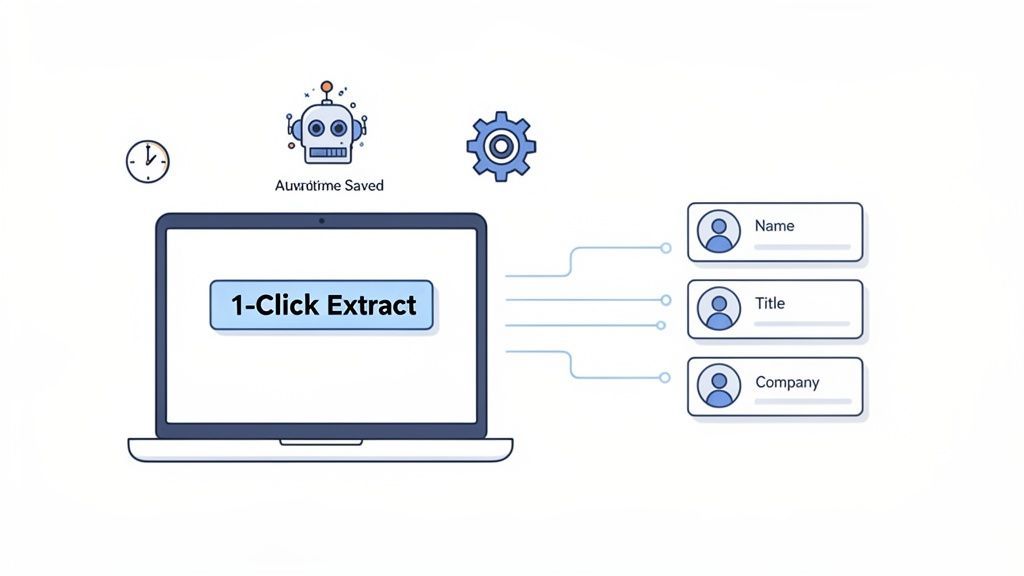 Laptop with '1-Click Extract' automates data extraction of name, title, company, demonstrating efficiency and time savings.