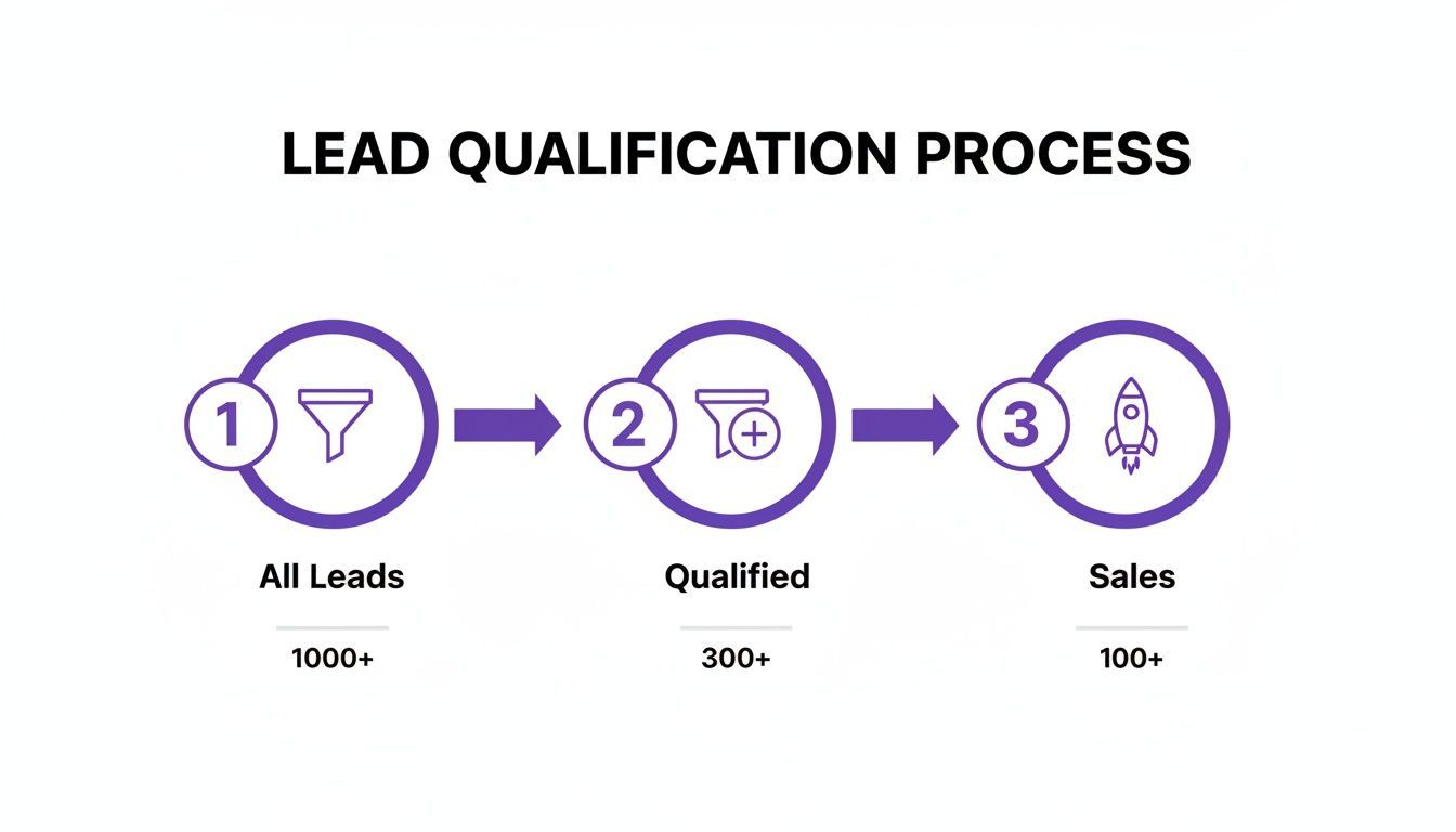 Lead qualification process flow showing three stages: all leads, qualified, and sales, with lead counts.
