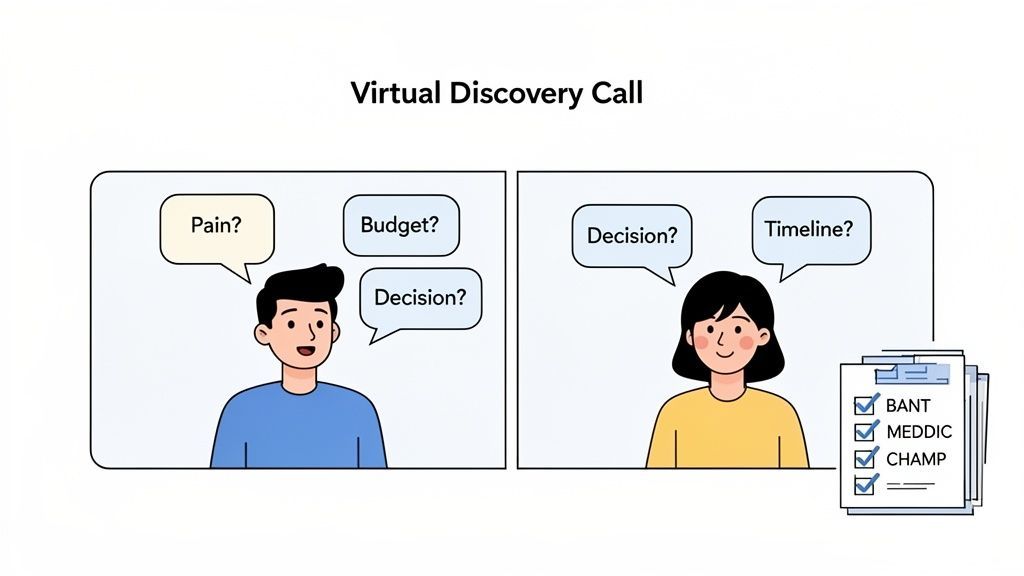 A virtual discovery call illustrating sales qualification questions and frameworks like BANT, MEDDIC, CHAMP.