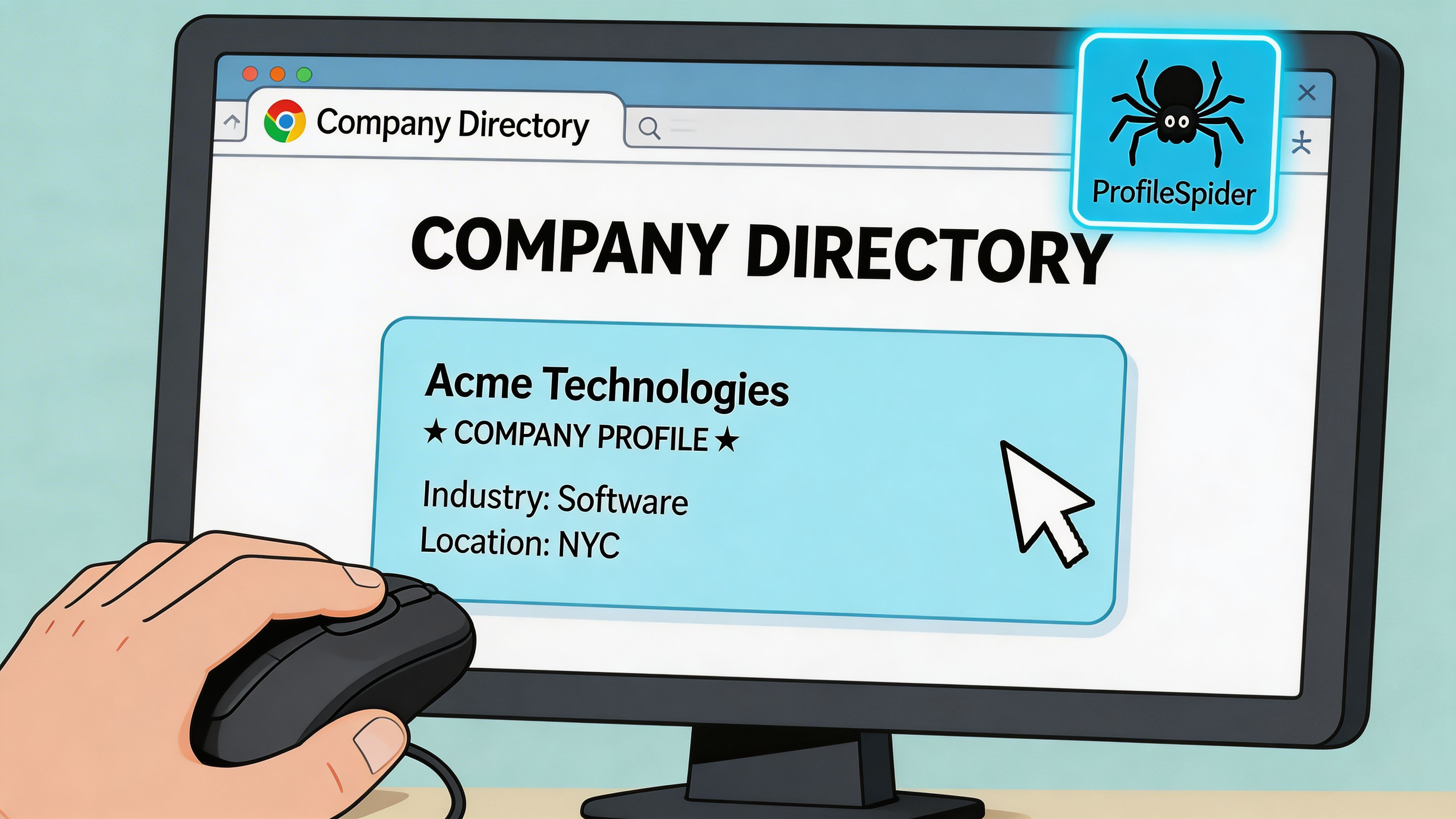 A hand using a computer mouse to browse a company directory website featuring Acme Technologies software company.