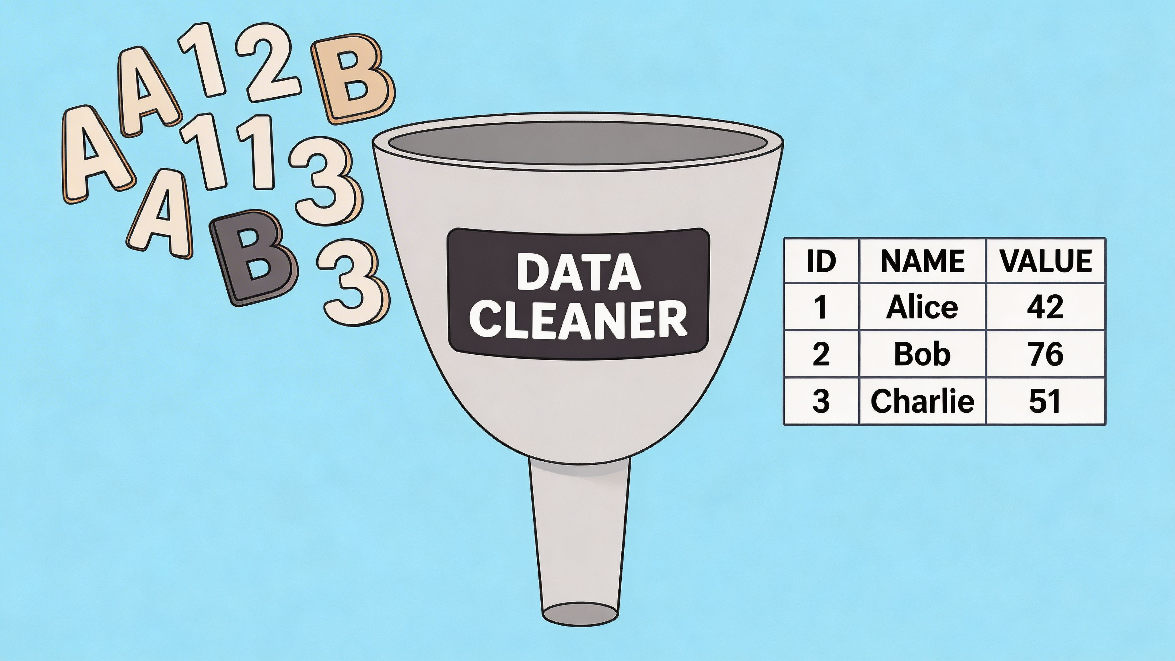 A data cleaner funnel transforming chaotic letters and numbers into an organized table of company data.