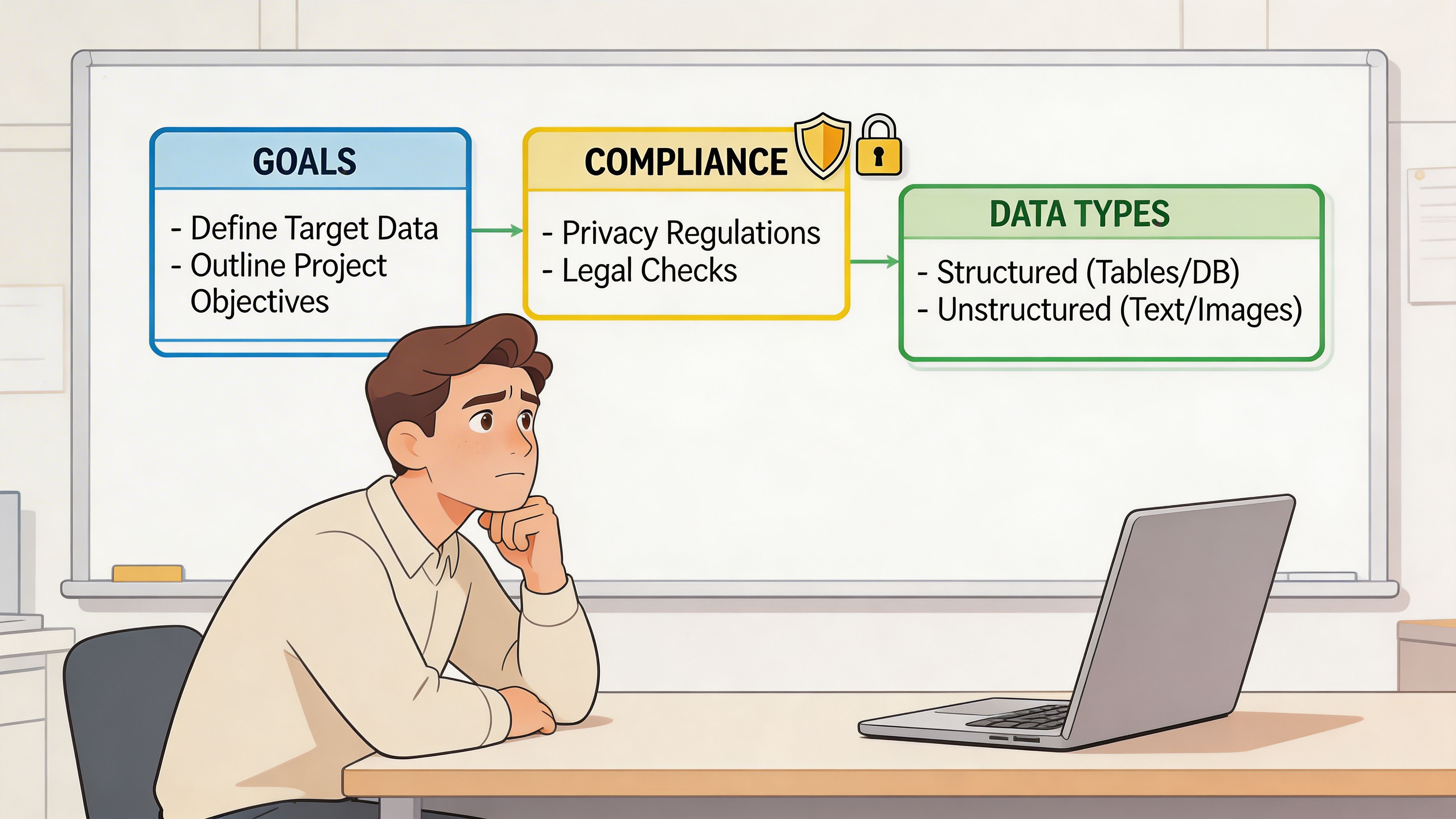 A person looks at a whiteboard showing a business planning process including goals, compliance, and data types.