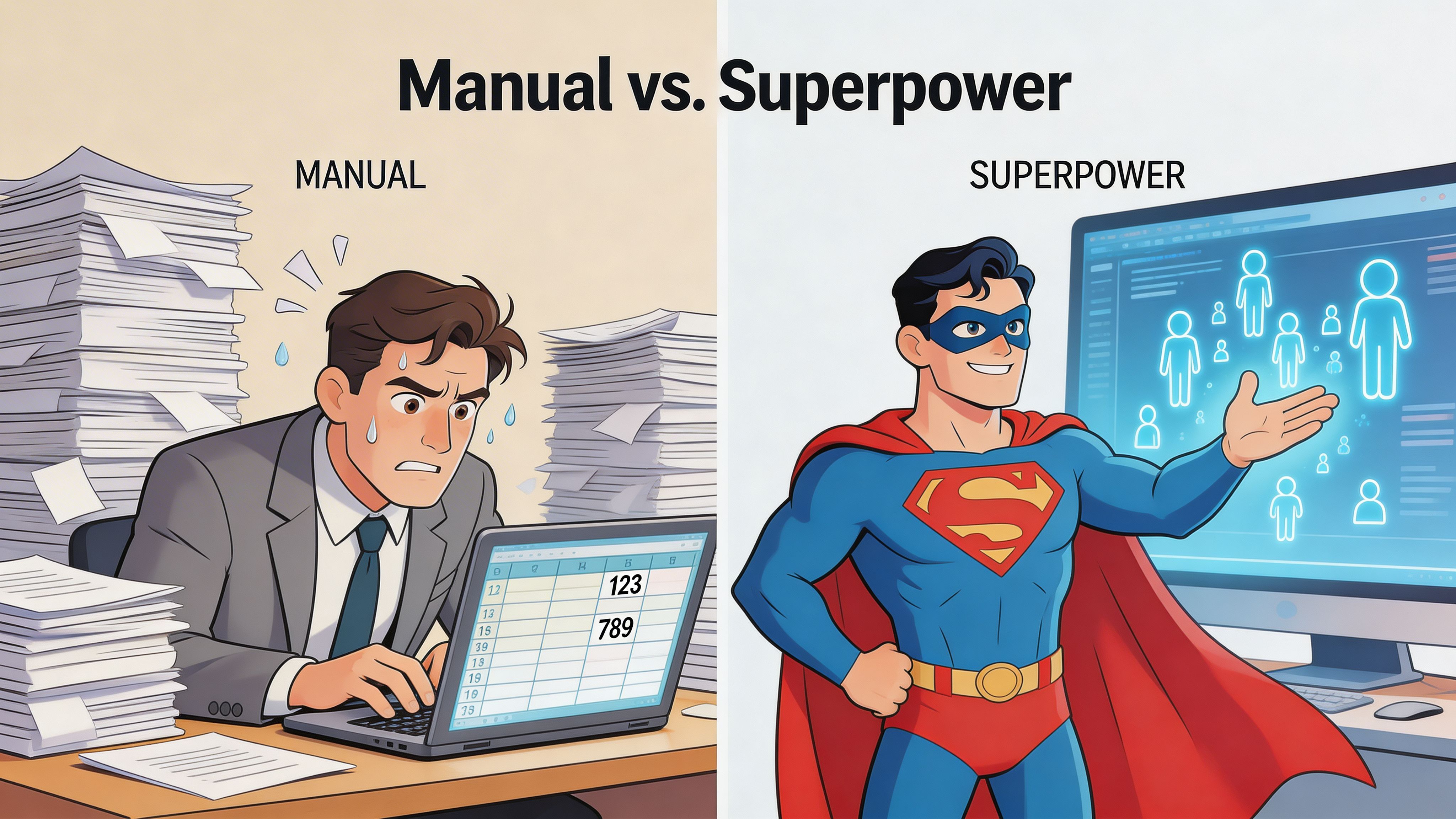 A split image contrasting an overwhelmed office worker doing manual data entry versus a confident superhero using software.