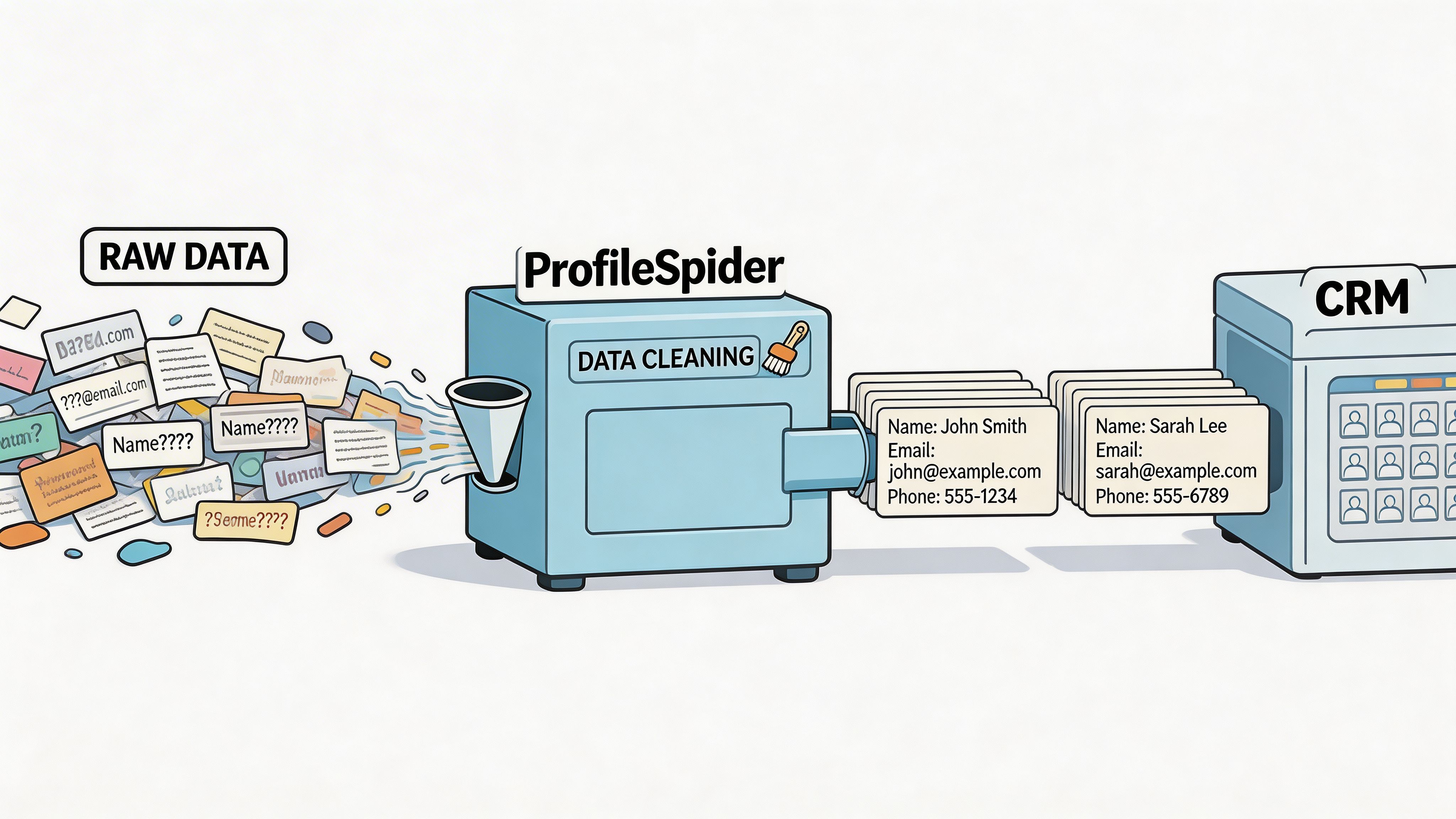 A diagram illustrating data processing from raw messy files into clean organized records for a CRM system.
