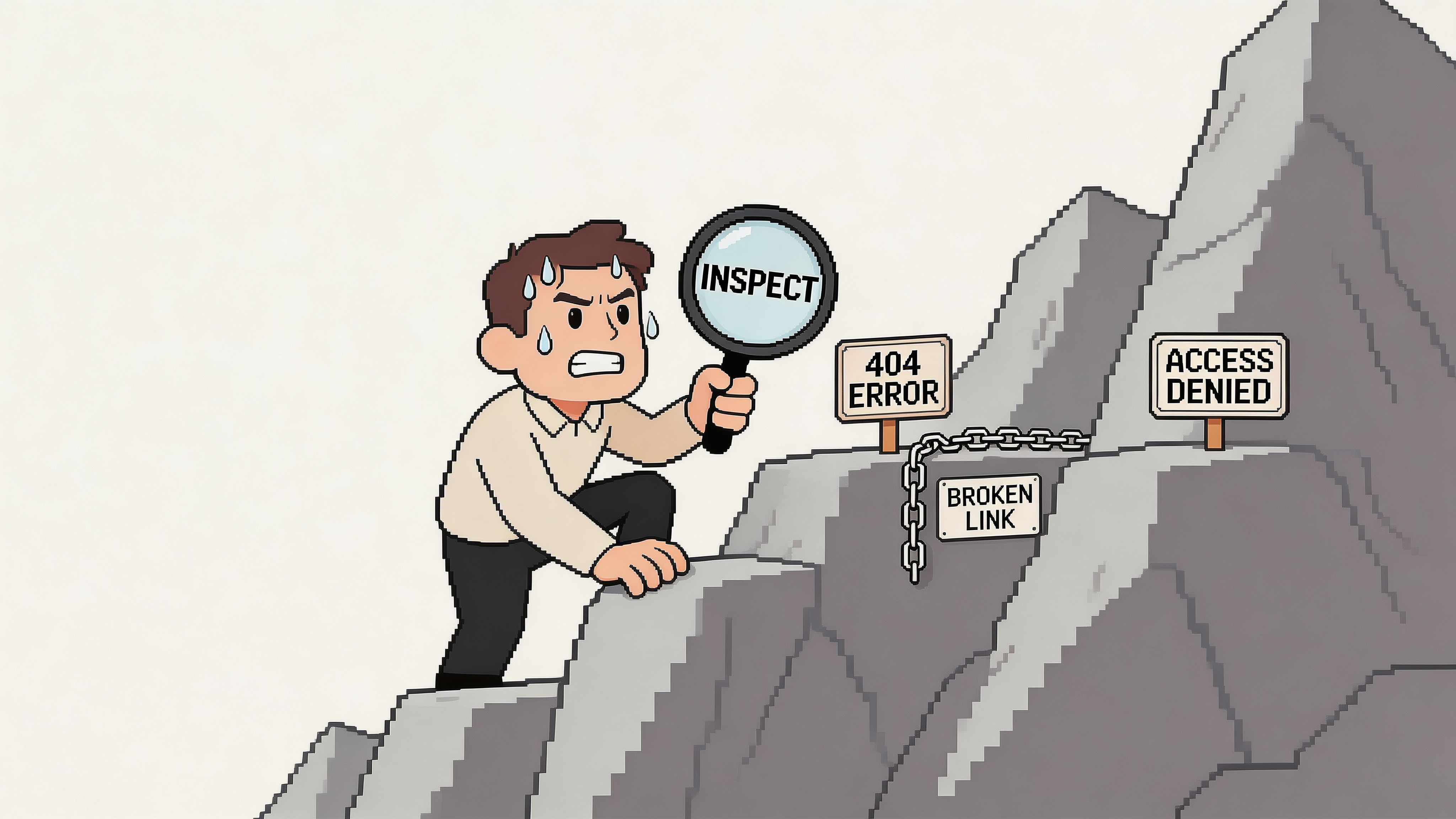 A pixel art man climbing a mountain while inspecting web error signs like 404 and access denied.