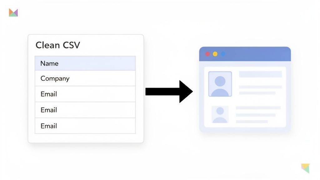 Diagram showing a CSV file with contact data transformed into structured online profiles in a web interface.
