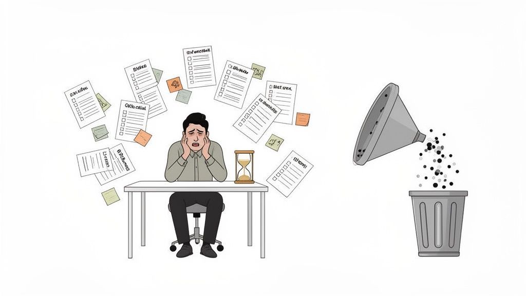 Illustration of a man overwhelmed by documents, an hourglass, and a funnel filtering data into a trash can.