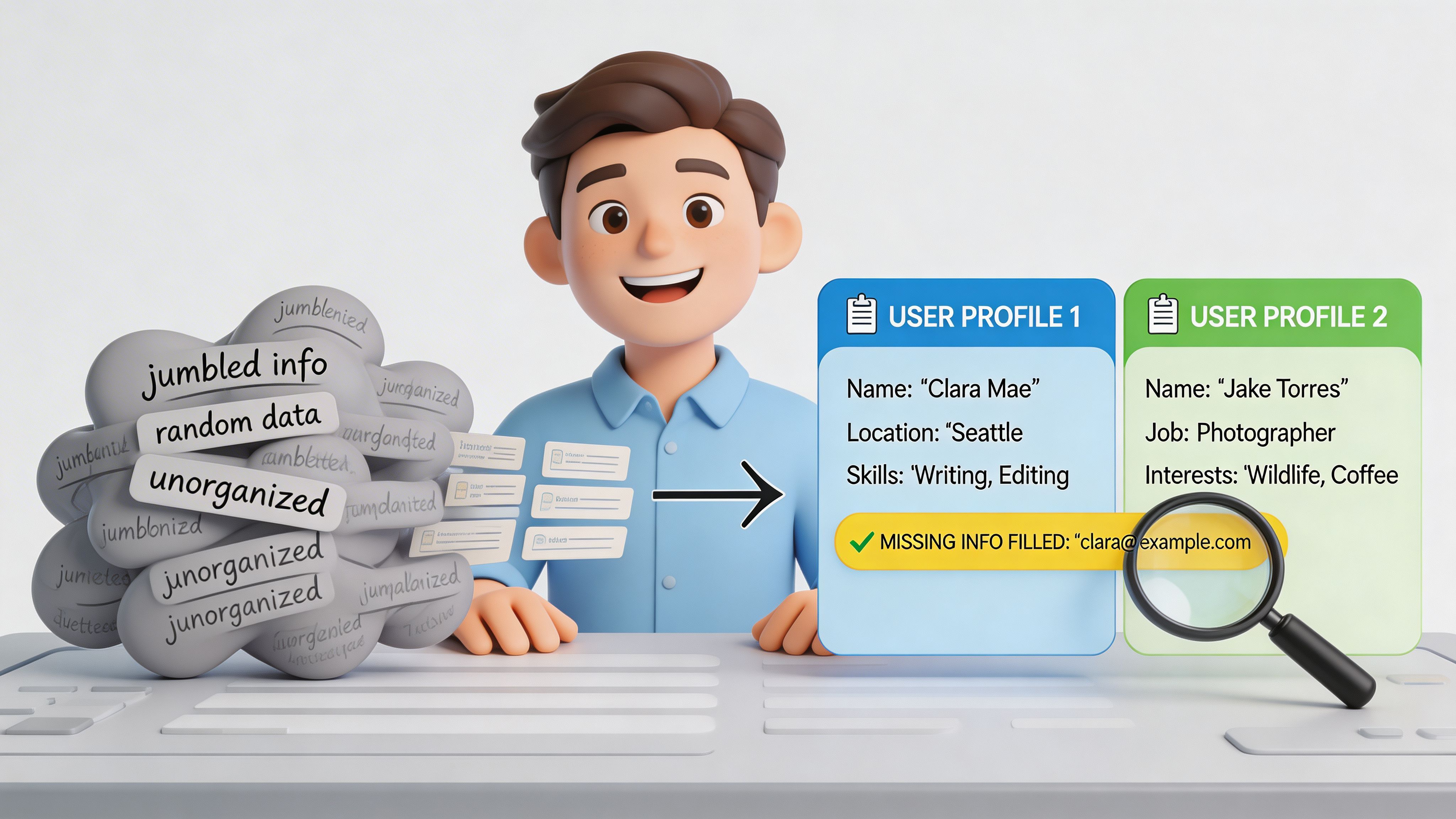 A 3D illustration shows a person organizing jumbled data into neat digital user profiles on a screen.