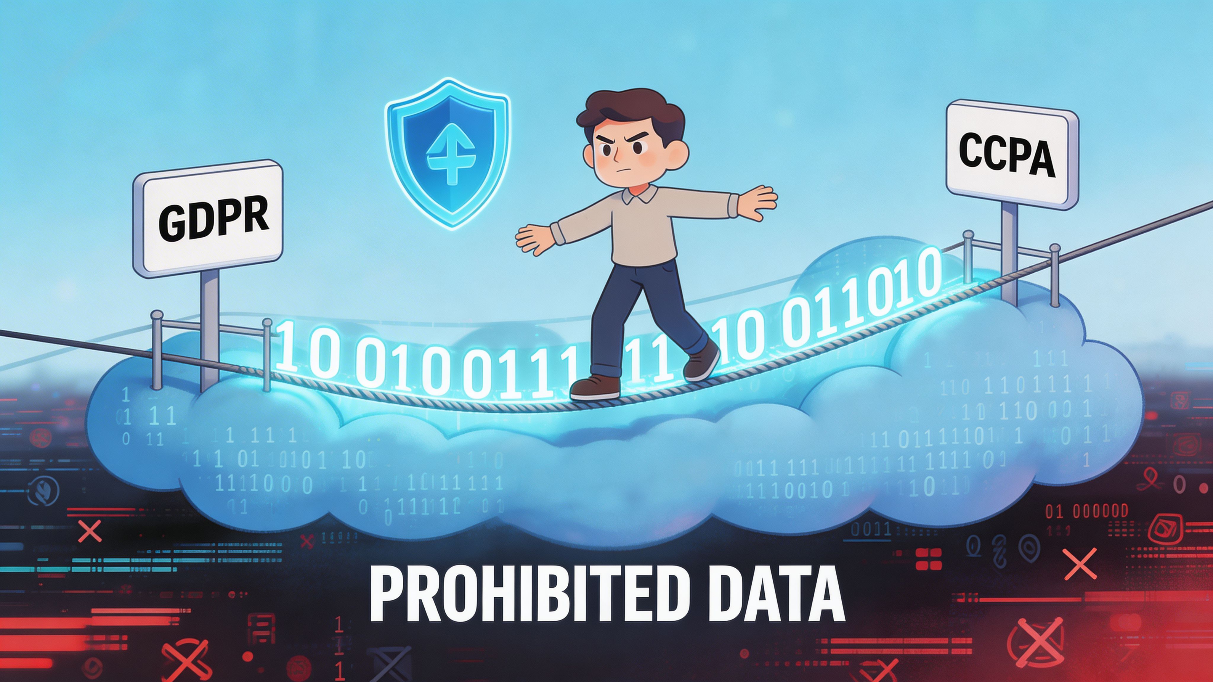 A person carefully walking on a digital tightrope between GDPR and CCPA signs representing data privacy compliance.