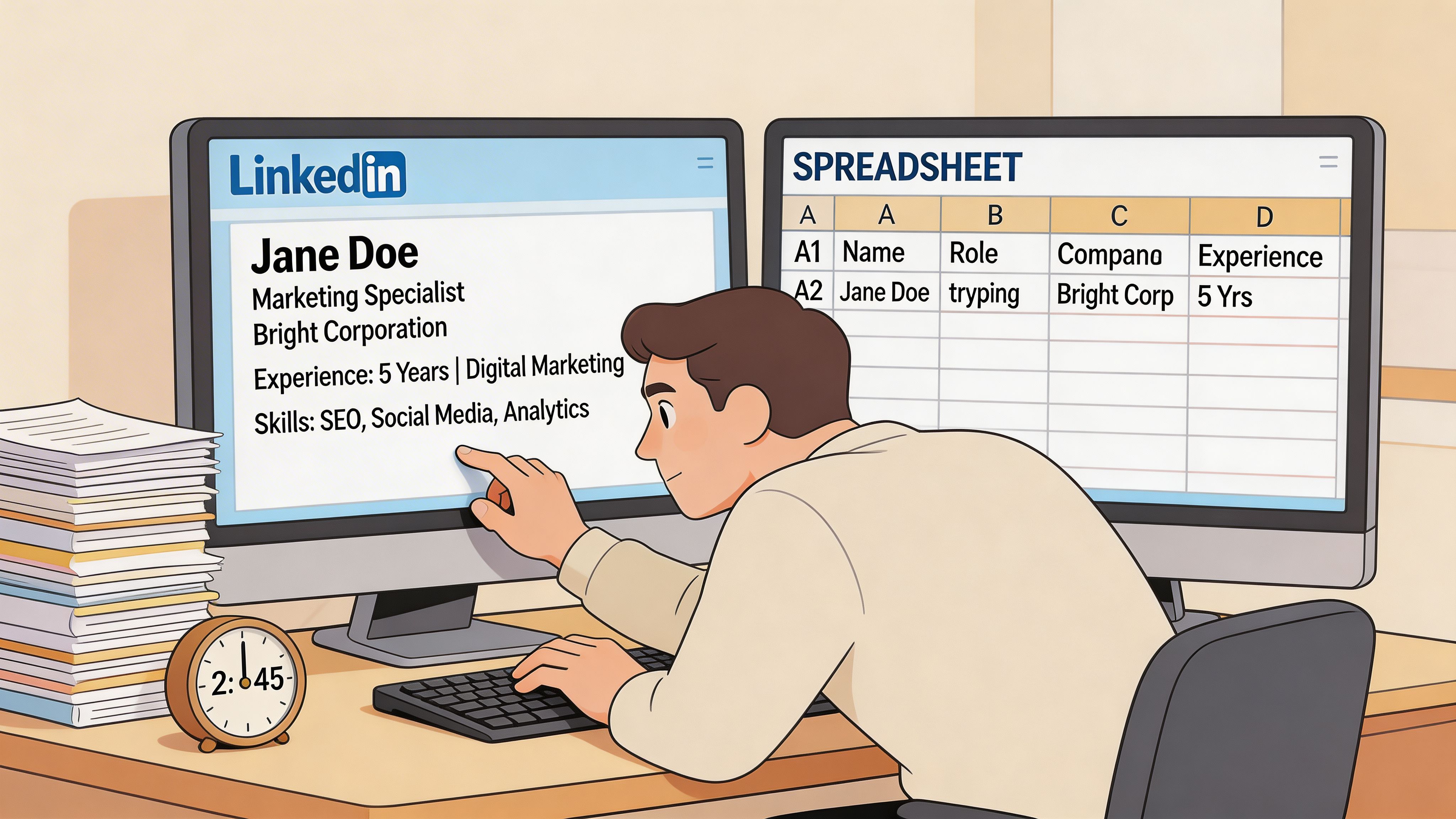 A professional analyzing a LinkedIn profile and inputting candidate data into a digital spreadsheet on computer monitors.