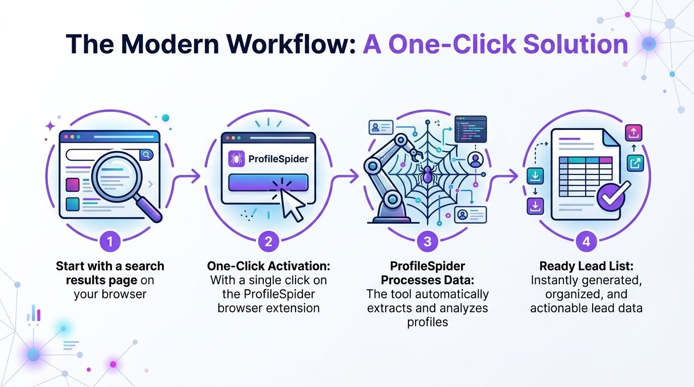 A four-step infographic explaining how to convert search result pages into structured lead lists using ProfileSpider.