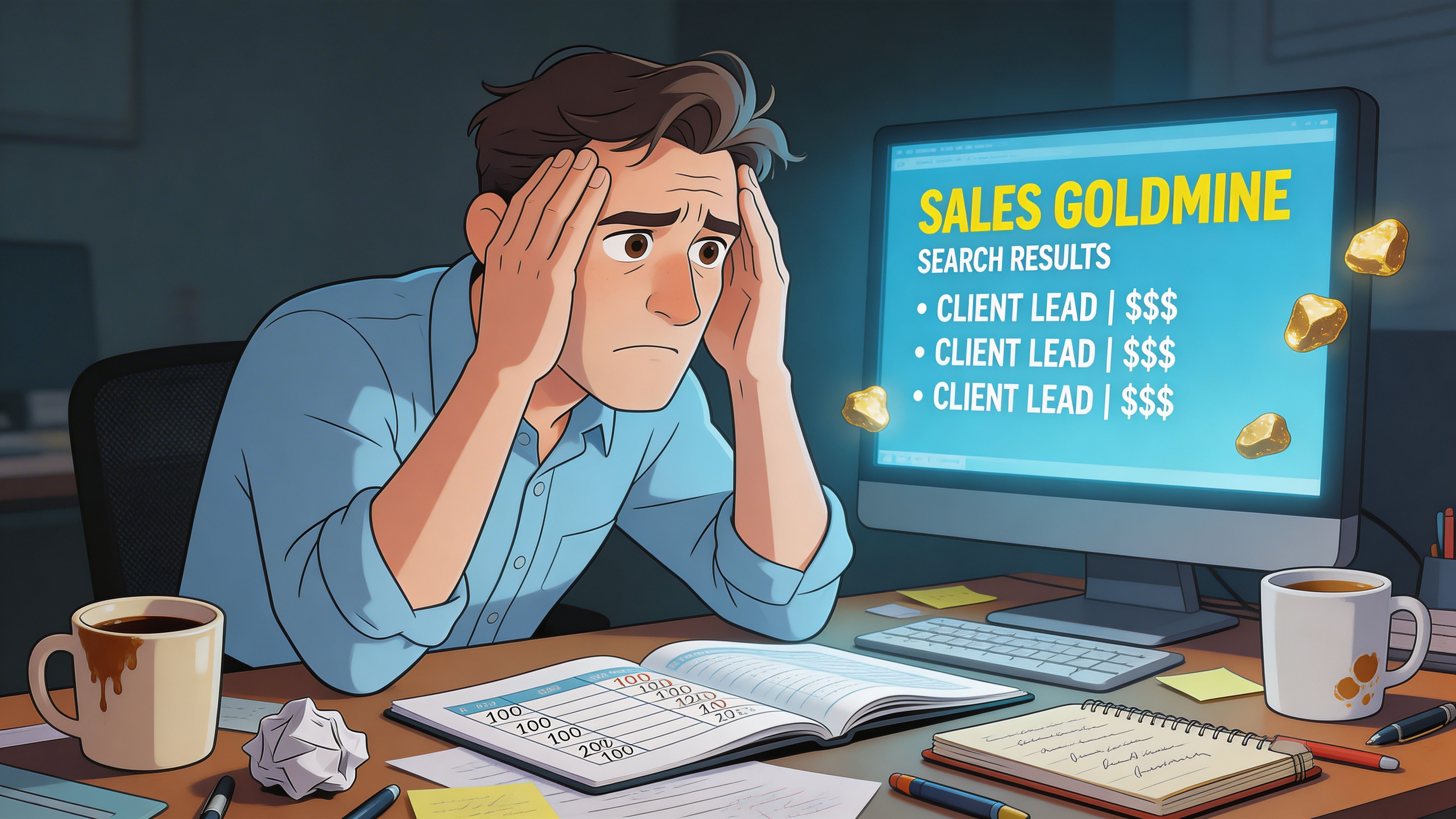 A stressed man looking at a computer screen displaying Sales Goldmine search results with gold nuggets floating.