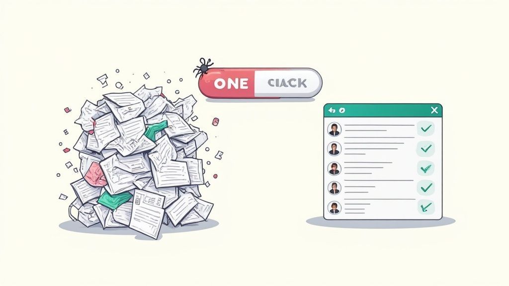 Illustration showing a messy pile of papers contrasting with an organized digital list, labeled 'ONE CIACK'.