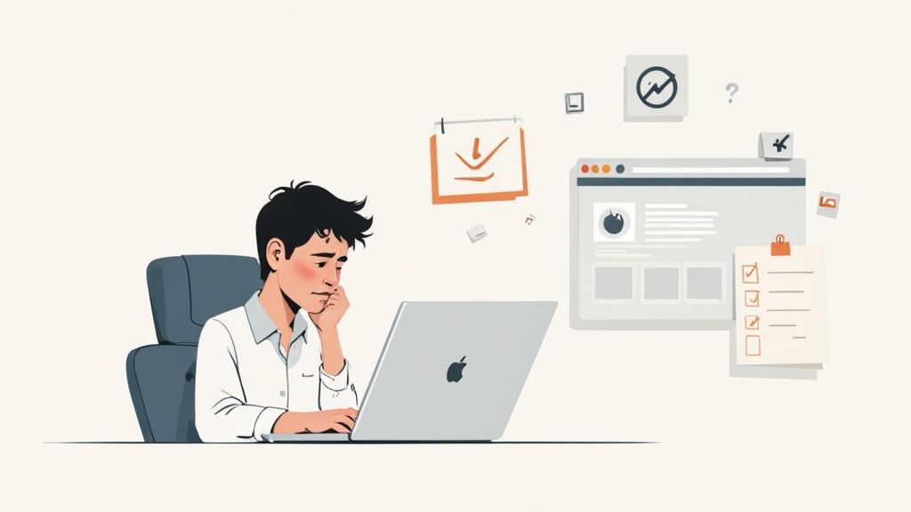 A person thoughtfully looking at a laptop with data, website, and task elements floating around.