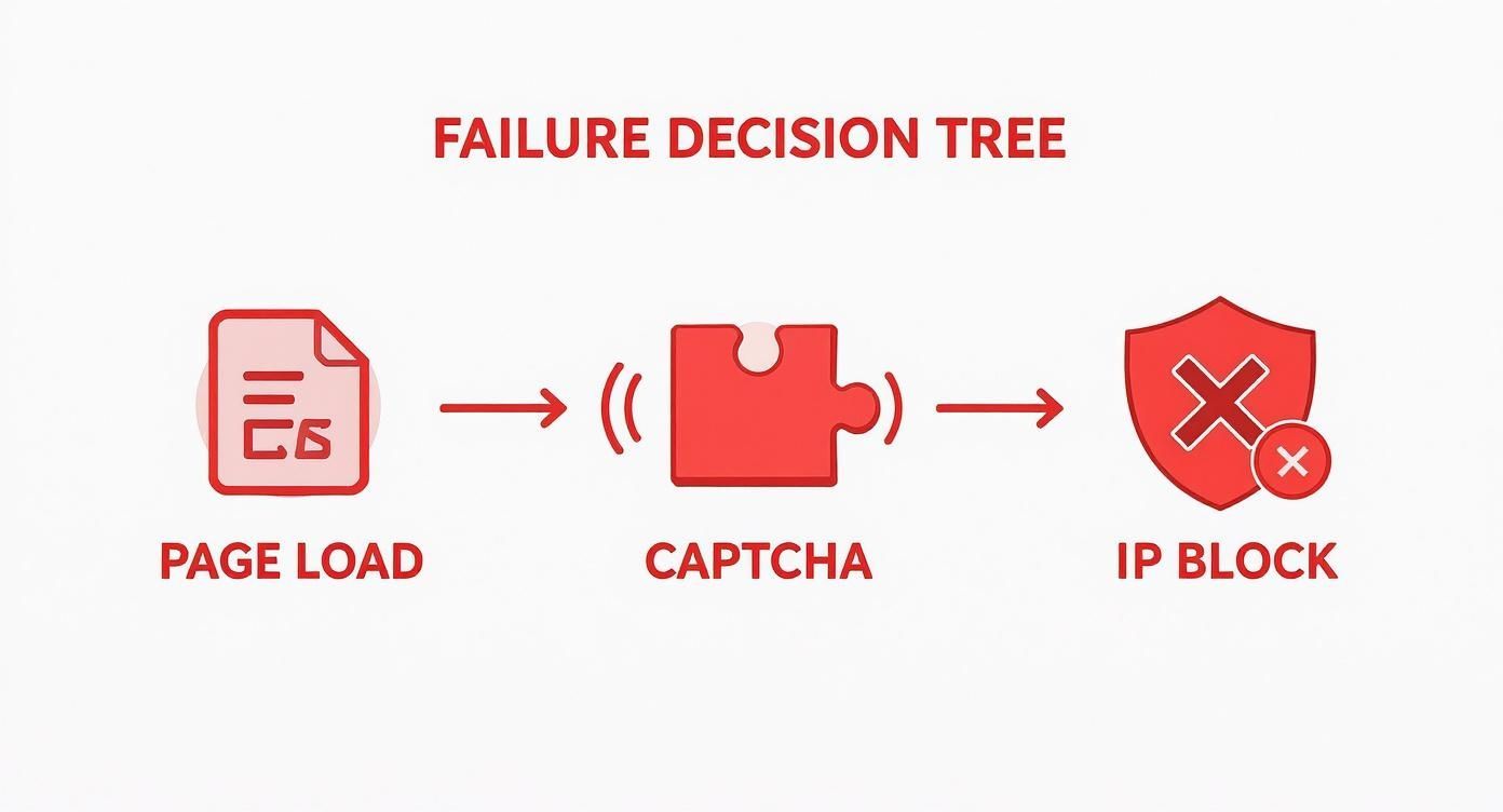A failure decision tree flowchart depicting page load leading to CAPTCHA and then IP block.