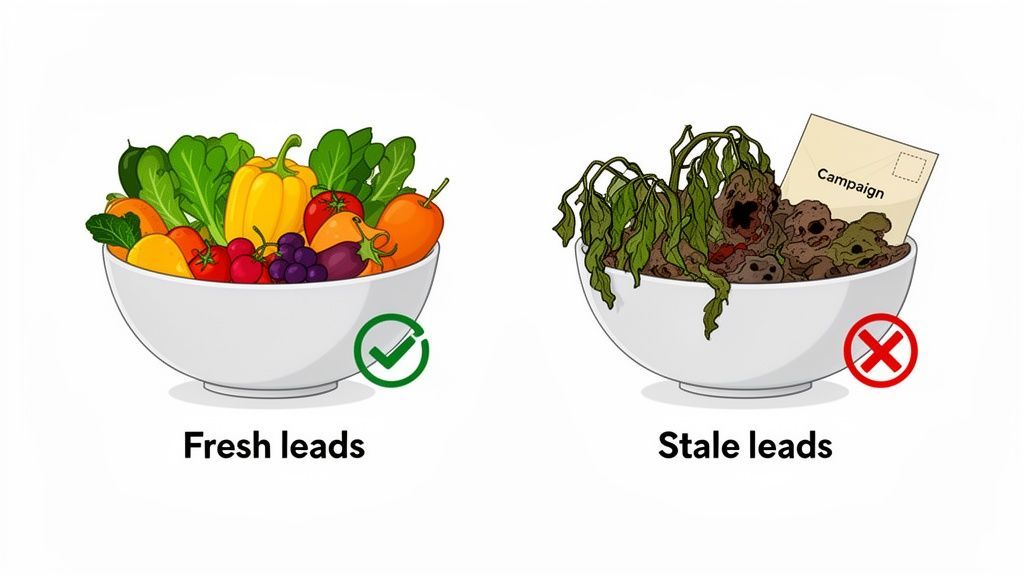 Two bowls illustrating 'Fresh leads' with vibrant produce and 'Stale leads' with rotten food.