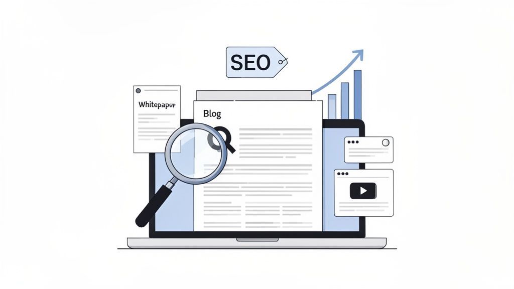 Digital marketing concept showing SEO, blog, whitepaper, video content, and a growth graph on a laptop.