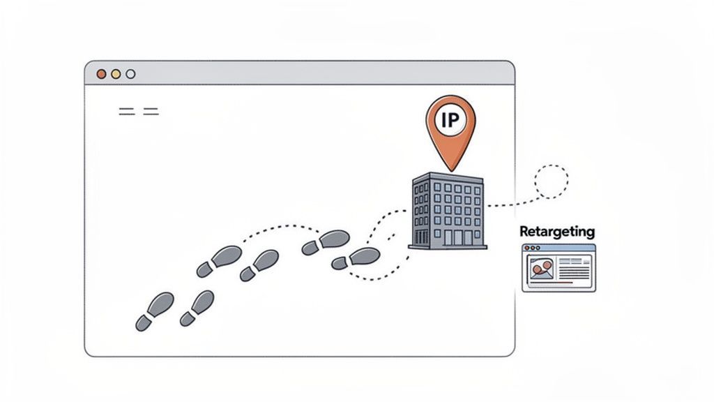 Web browser showing footprints leading to an IP-identified building, triggering retargeting ads.