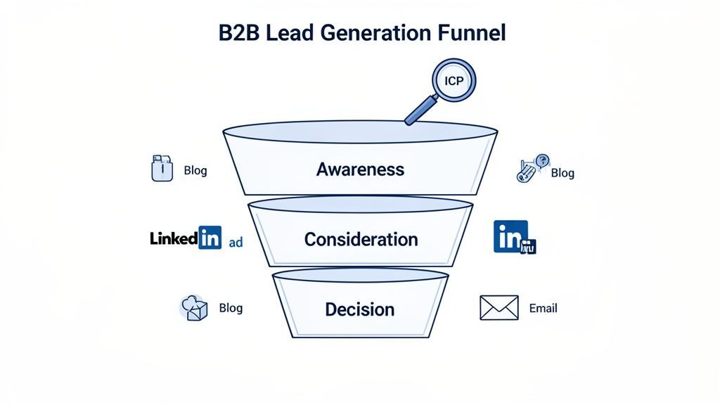 A B2B lead generation funnel diagram illustrating Awareness, Consideration, and Decision stages with marketing channels.