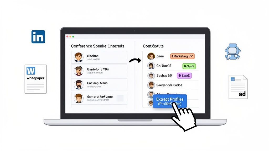 Digital lead generation process on a laptop screen, showing profiles extracted with various tags.