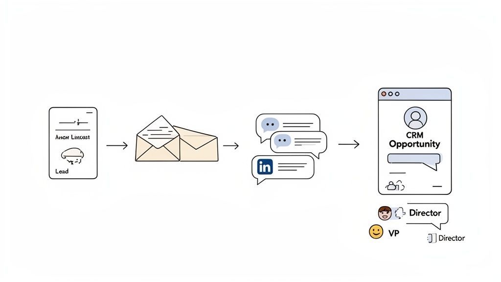 Visualizing a B2B sales funnel, from an initial lead on a phone to a CRM opportunity with stakeholders.