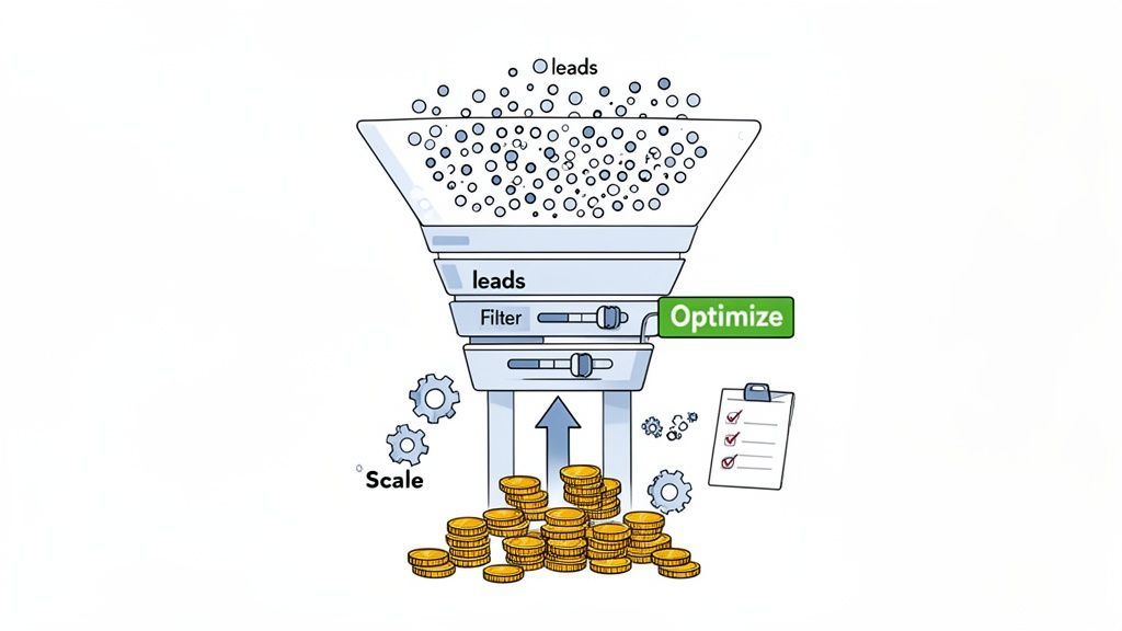 A marketing funnel illustrating lead generation, filtering, optimization, and scaling for increased return on investment.