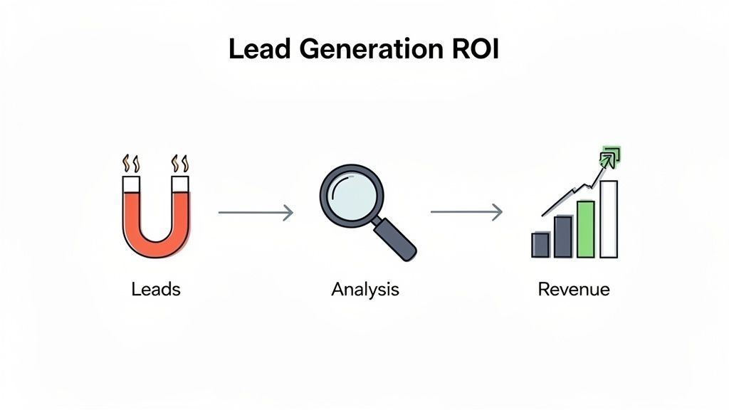 An illustration showing leads (magnet) transforming into revenue (chart) through analysis for ROI.