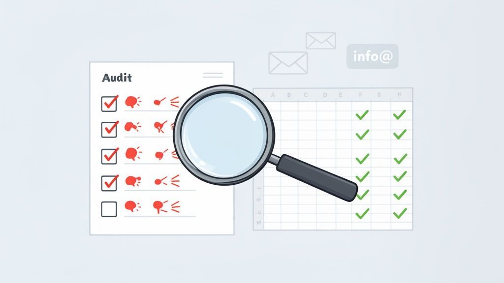 A magnifying glass inspecting an audit checklist and a spreadsheet with green checkmarks, symbolizing data review.