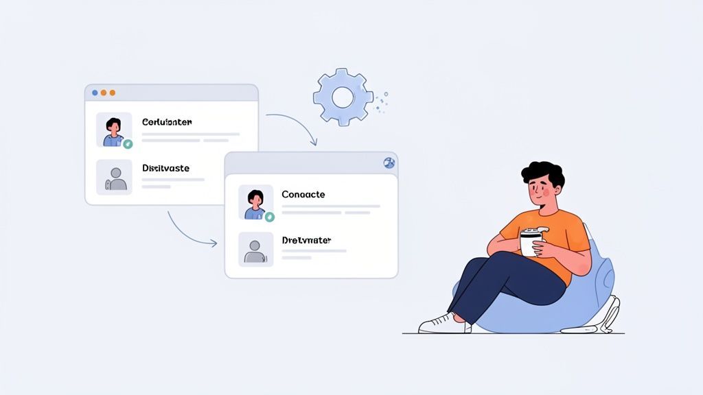 A man sits with coffee as two digital windows display user lists, indicating data management.