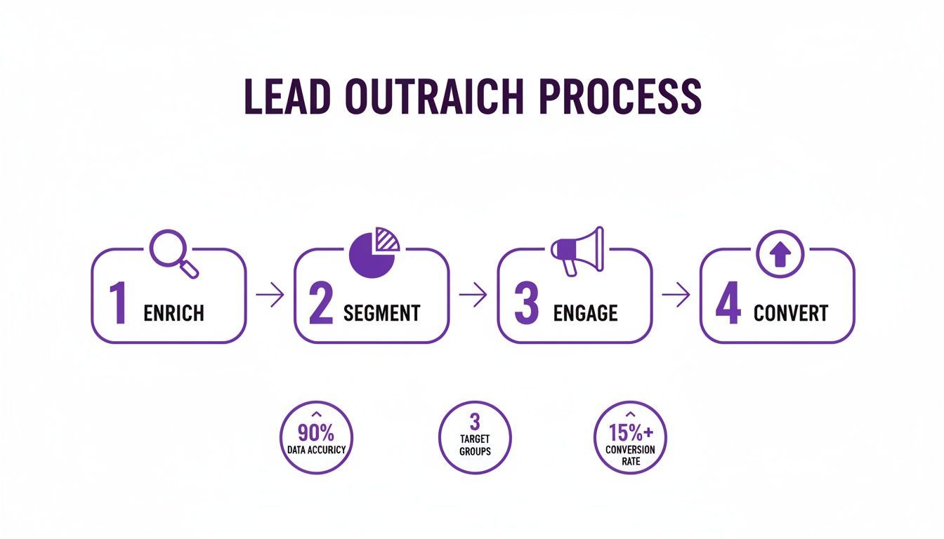 Diagram outlining a four-step lead outreach process: enrich, segment, engage, and convert, with key metrics.