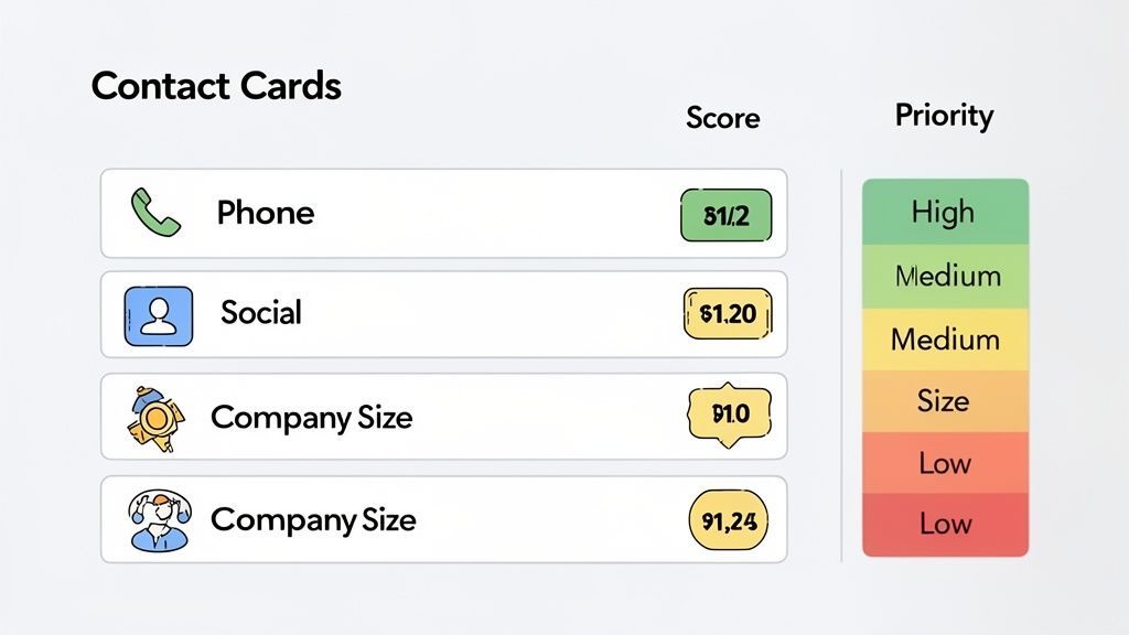 Contact cards showing attributes like phone, social, and company size with scores and priorities.