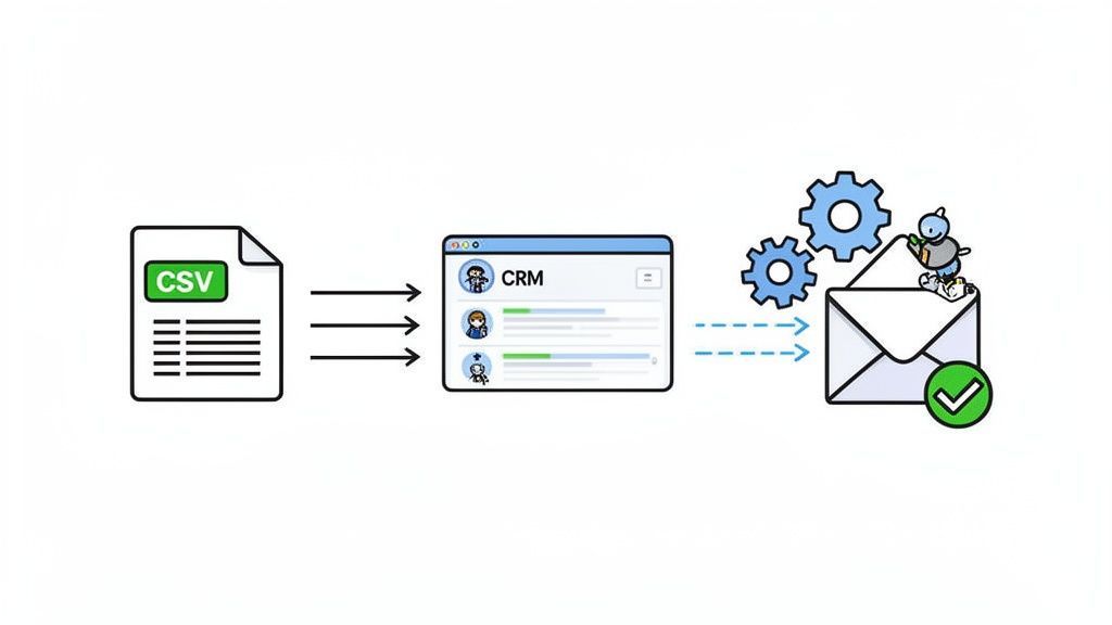 Diagram showing a CSV file importing data into a CRM system for automated email sending.