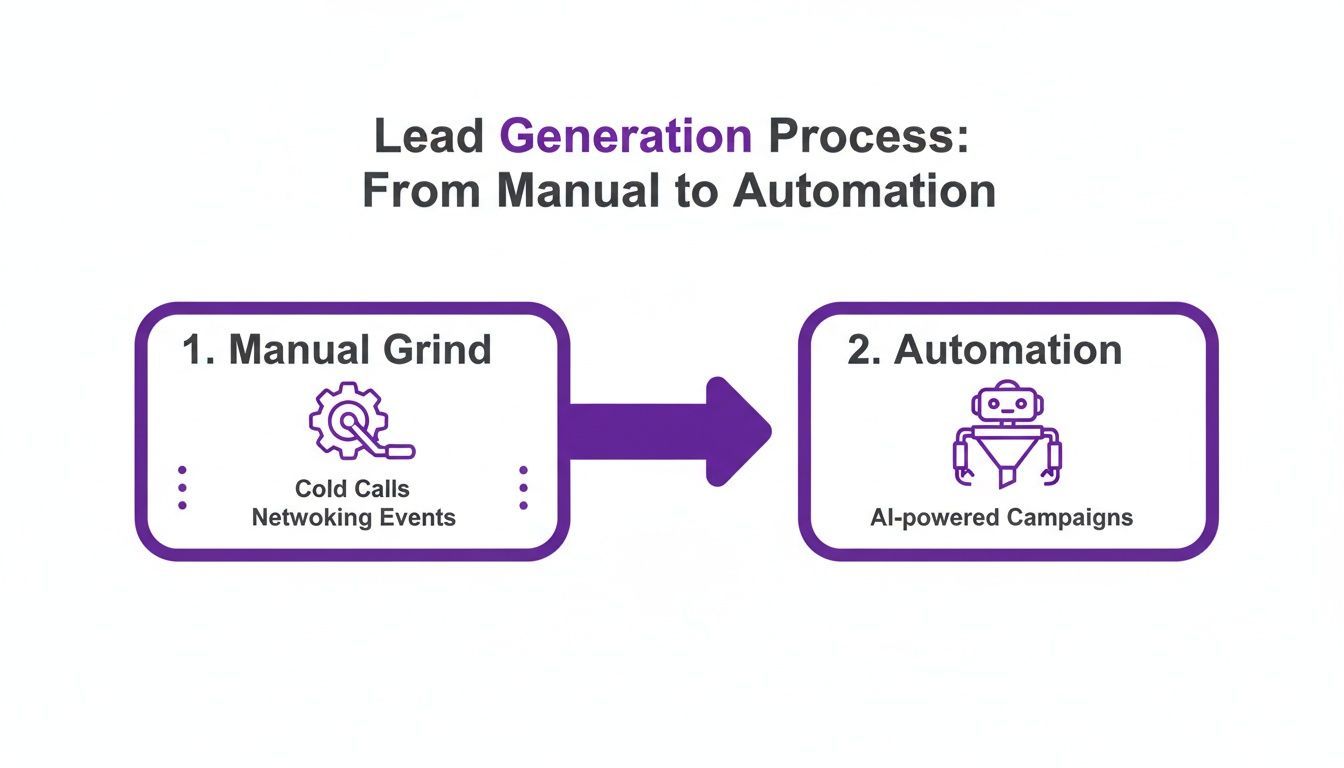 Diagram illustrating the lead generation process, moving from manual methods to AI-powered automation.