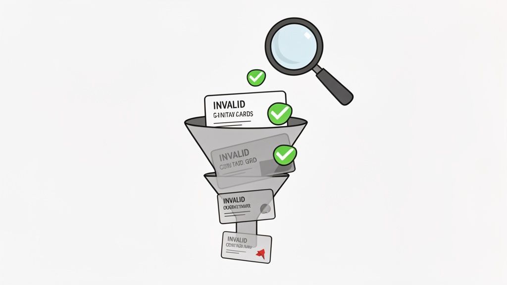 A magnifying glass oversees invalid cards being filtered through a multi-level funnel with checks and a flag.