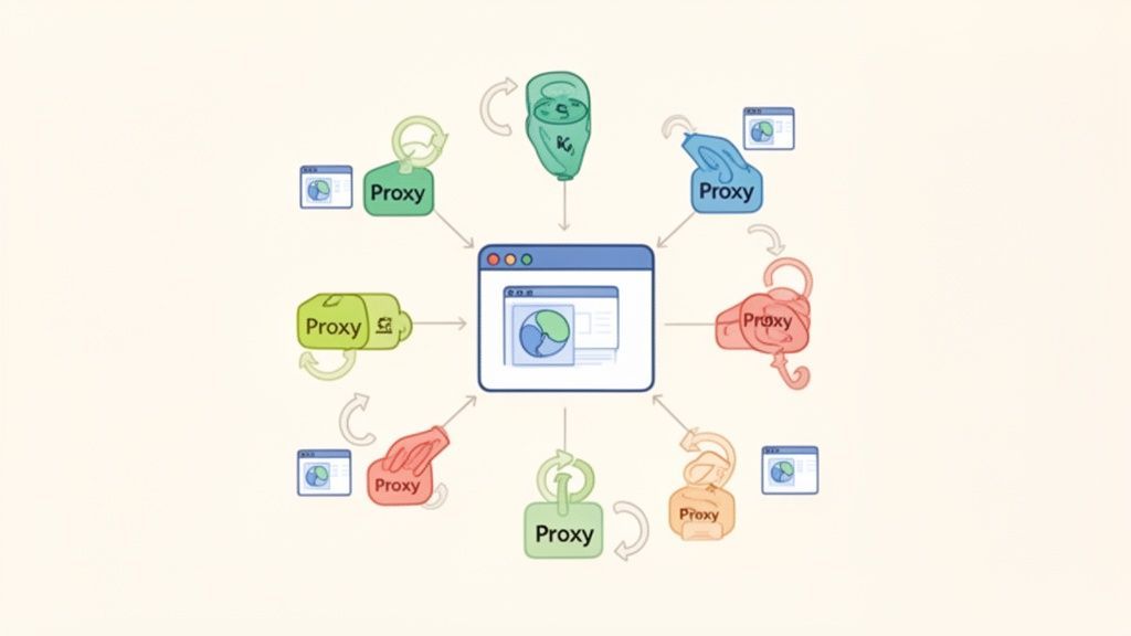 A diagram showing a central browser window connected to multiple 'Proxy' keys in various colors, illustrating a network architecture.