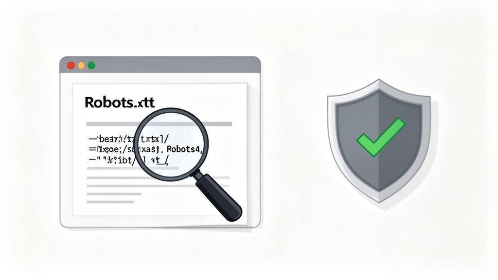 A magnifying glass over a robots.txt file next to a shield with a green checkmark.
