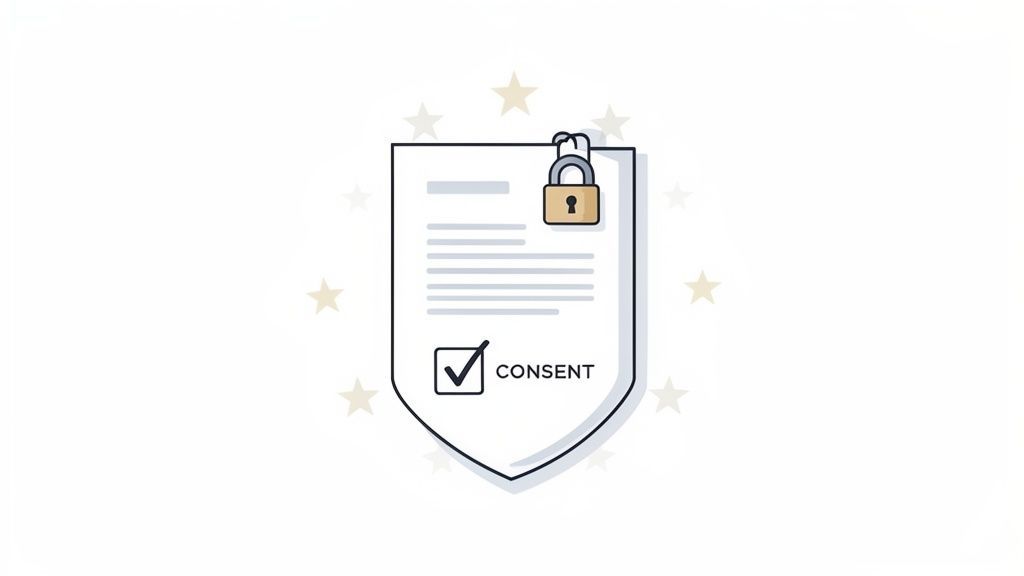 Shield document with 'CONSENT' checkmark and padlock, symbolizing secure data privacy and compliance.