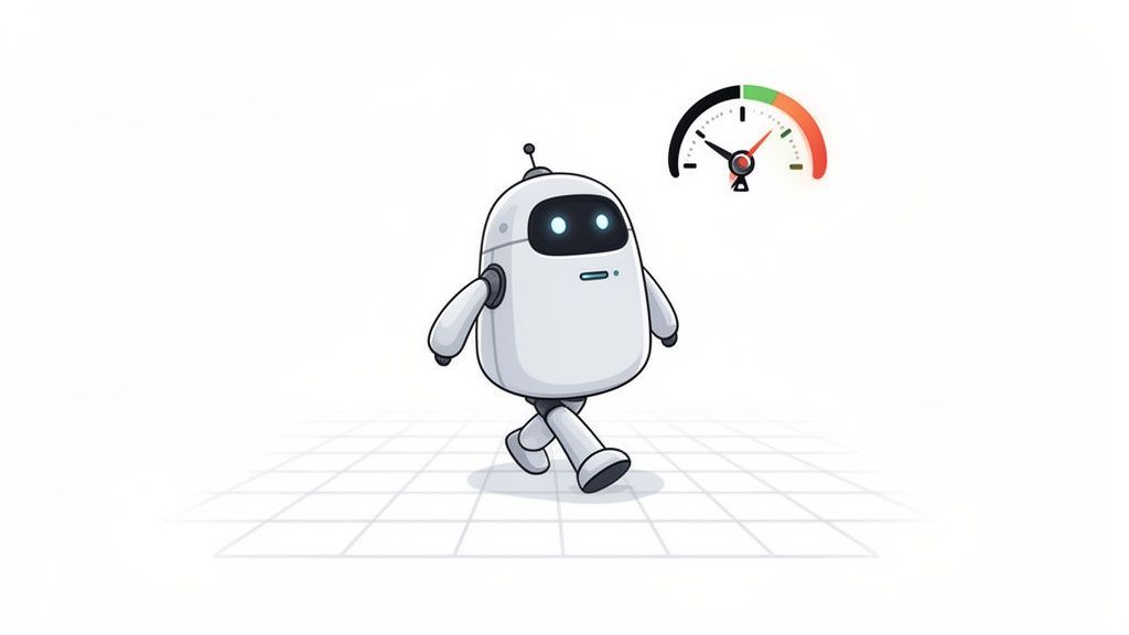 A cute white robot with glowing blue eyes walks on a digital grid floor, with a speed gauge showing progress.
