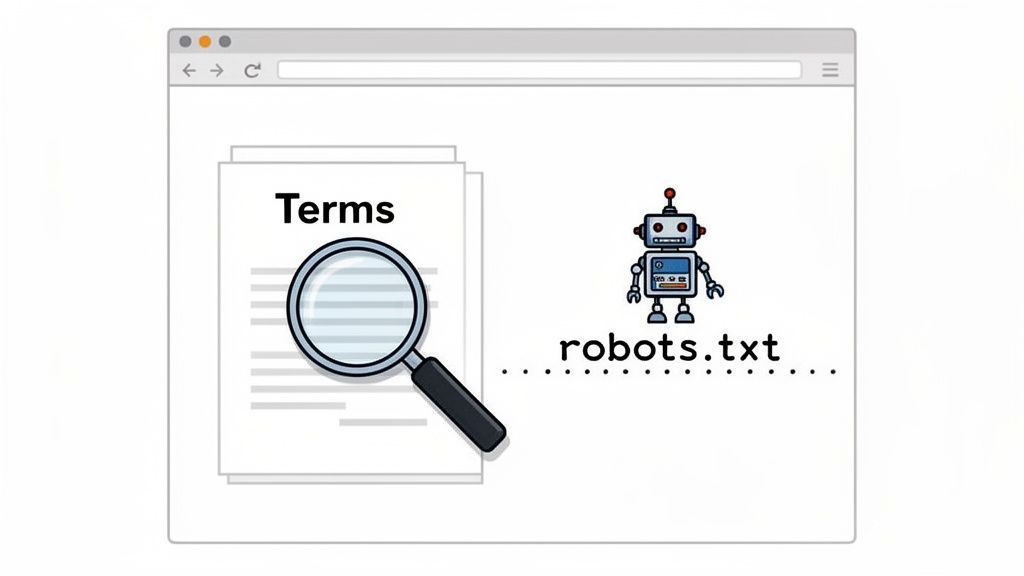 A web browser showing documents titled "Terms" with a magnifying glass, and a robot next to "robots.txt".