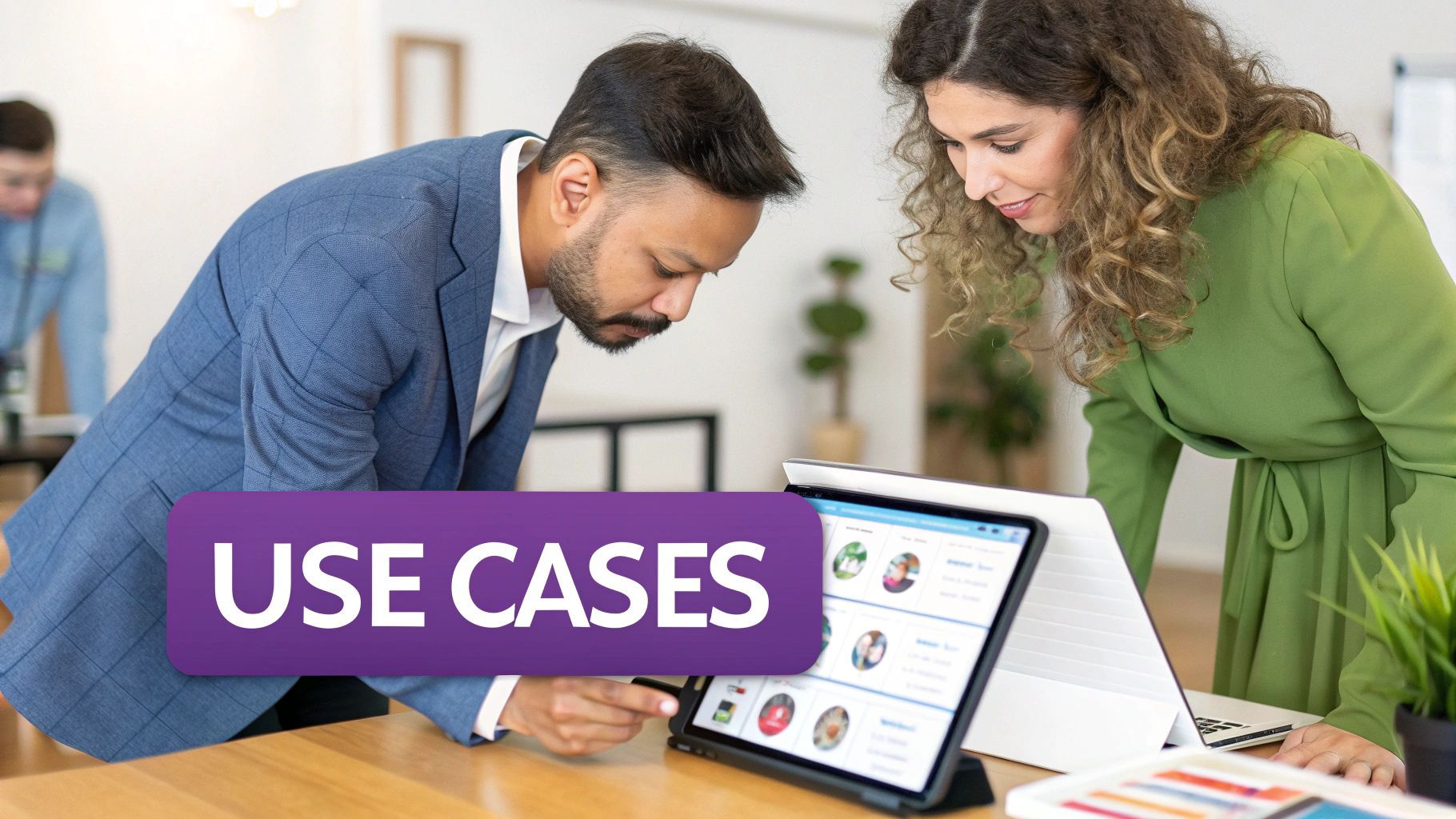 Two business professionals collaborating, looking intently at a tablet and laptop, with 'USE CASES' overlay.
