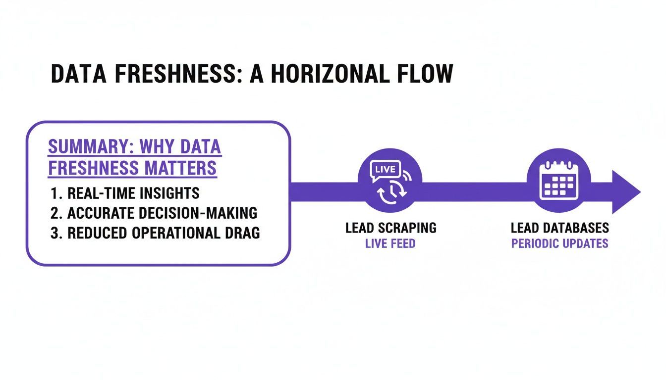 A diagram illustrating data freshness importance and horizontal flow for lead generation strategies.