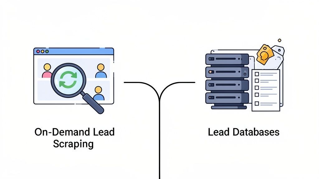 Illustration comparing on-demand lead scraping represented by a browser and lead databases by servers.