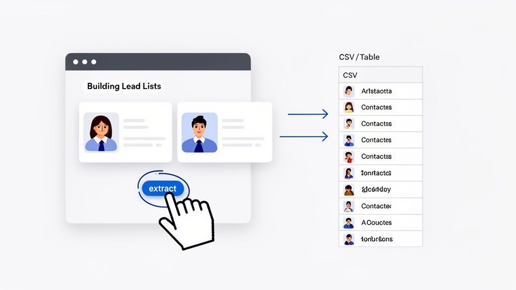 User extracts lead contact information from a web interface into a CSV file/table for lead generation.