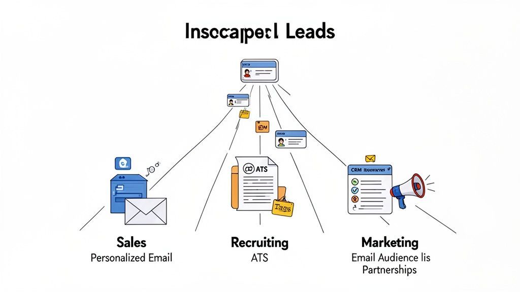 Diagram illustrating how scraped leads are utilized across Sales, Recruiting, and Marketing departments with associated tools.