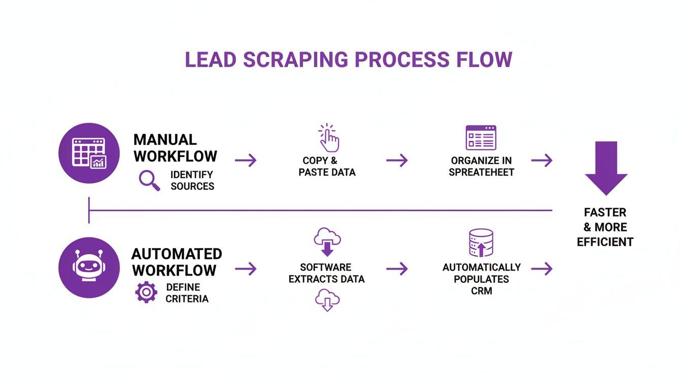 Diagram illustrating manual versus automated lead scraping process flows, highlighting increased efficiency with automation.