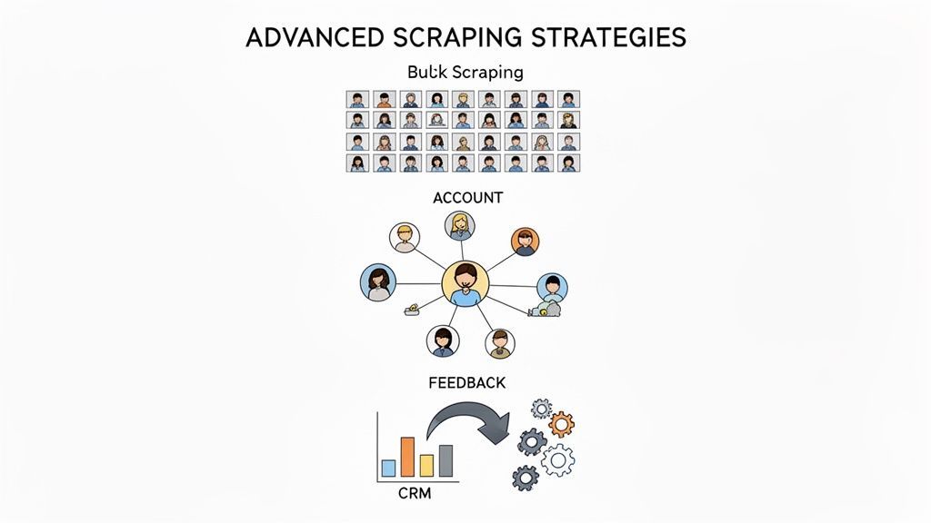 Infographic illustrating advanced scraping strategies: bulk data collection, account network mapping, and feedback integration with CRM.