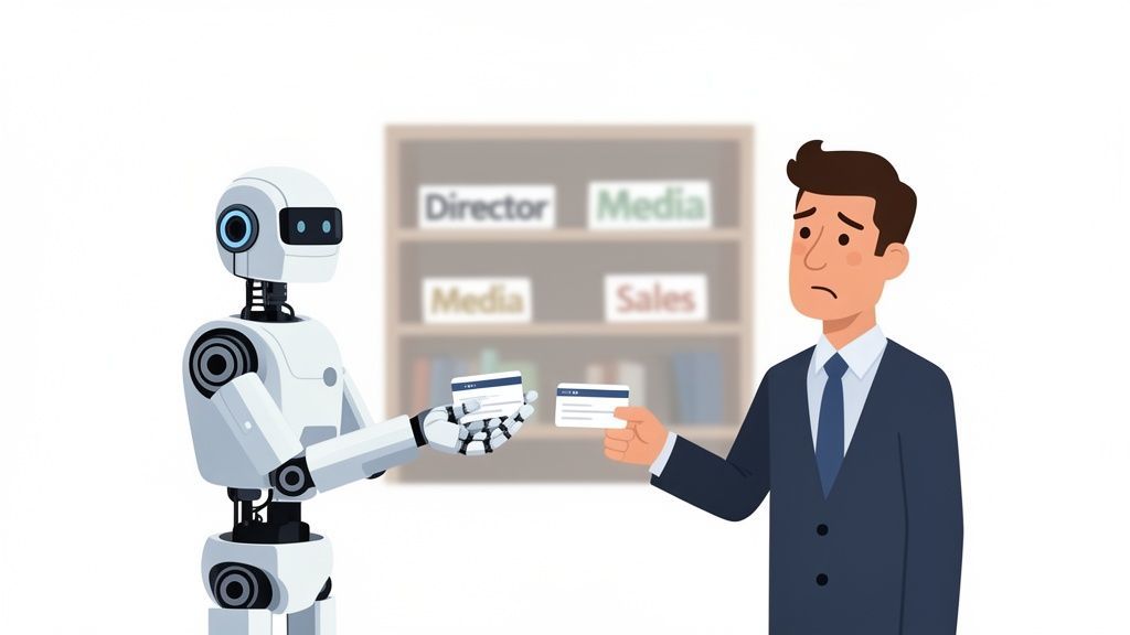 A robot and a sad man in a suit exchange business cards in an office setting.
